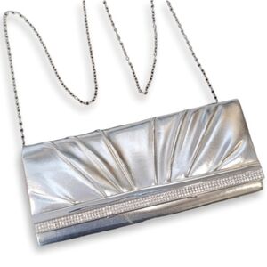 K Studio Pleated Rhinestone Evening Clutch Bag Chain Strap Silver Faux Leather